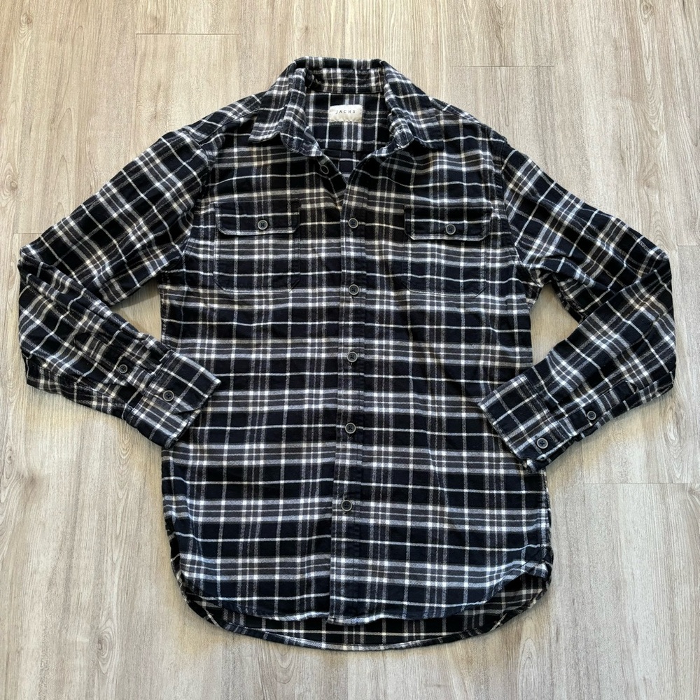 JACHS Men’s Black White Plaid Heavy Flannel Thick‎ Button Up Shirt Size Medium